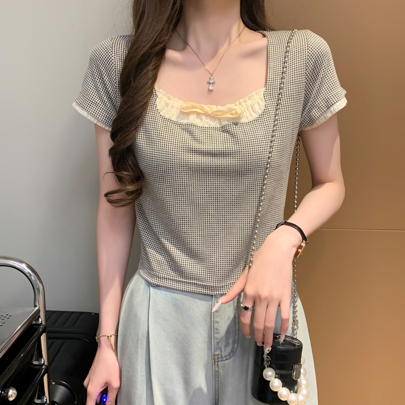 實拍 假兩件方領短袖襯衫女夏季顯瘦法式甜辣短款小個子上衣
