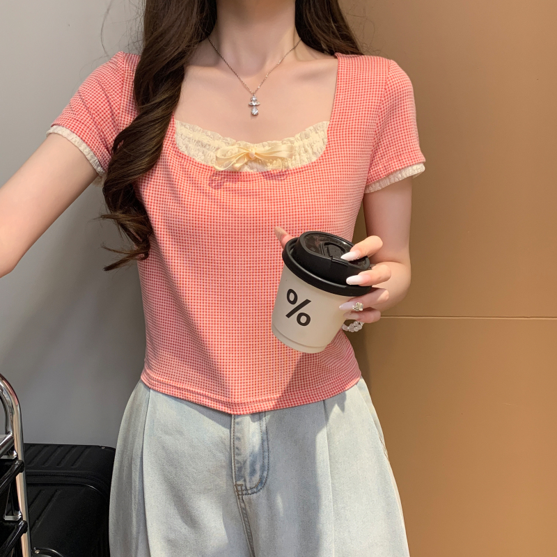 實拍 假兩件方領短袖襯衫女夏季顯瘦法式甜辣短款小個子上衣