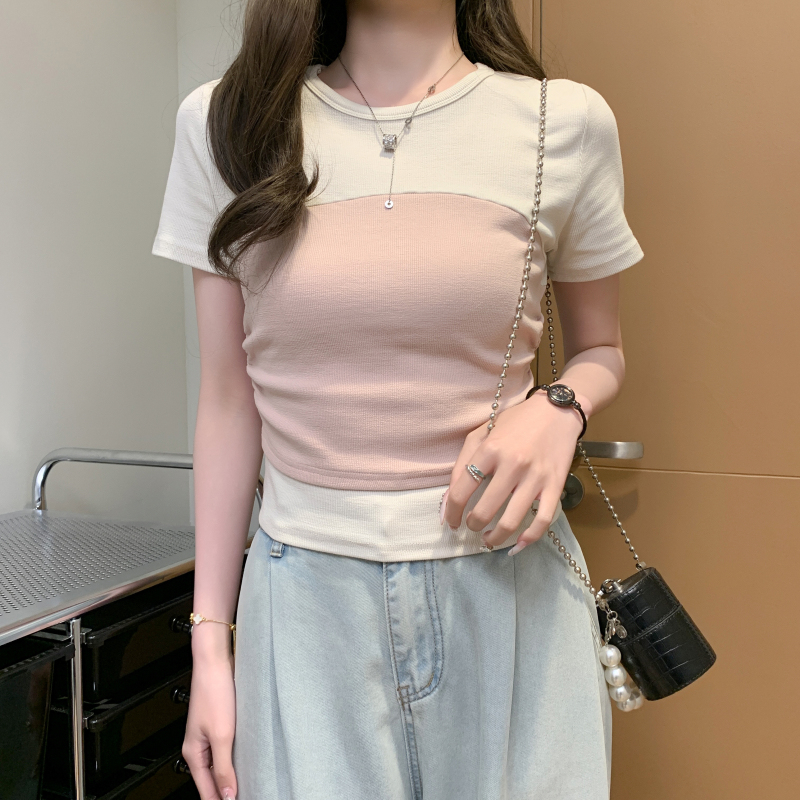 實拍 撞色拼接T恤女2025夏新款修身顯瘦短款正肩洋氣短袖上衣