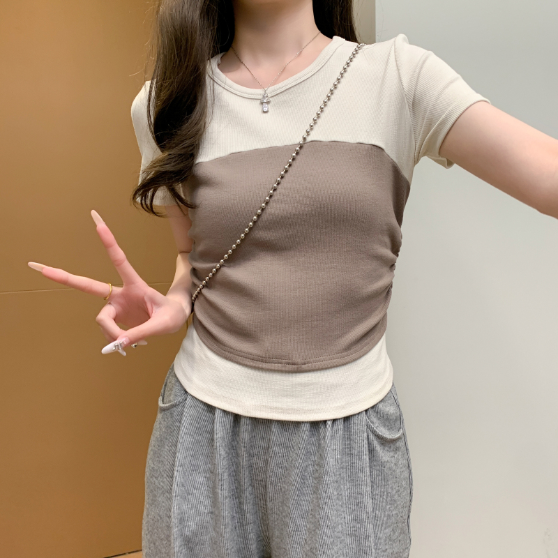實拍 撞色拼接T恤女2025夏新款修身顯瘦短款正肩洋氣短袖上衣