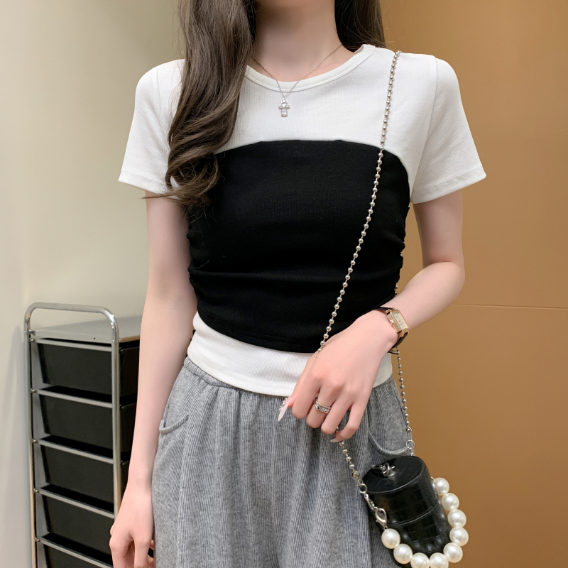 實拍 撞色拼接T恤女2025夏新款修身顯瘦短款正肩洋氣短袖上衣