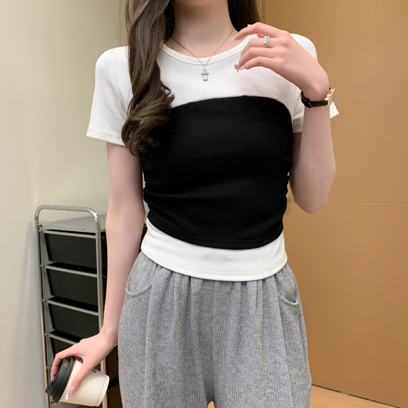 實拍 撞色拼接T恤女2025夏新款修身顯瘦短款正肩洋氣短袖上衣