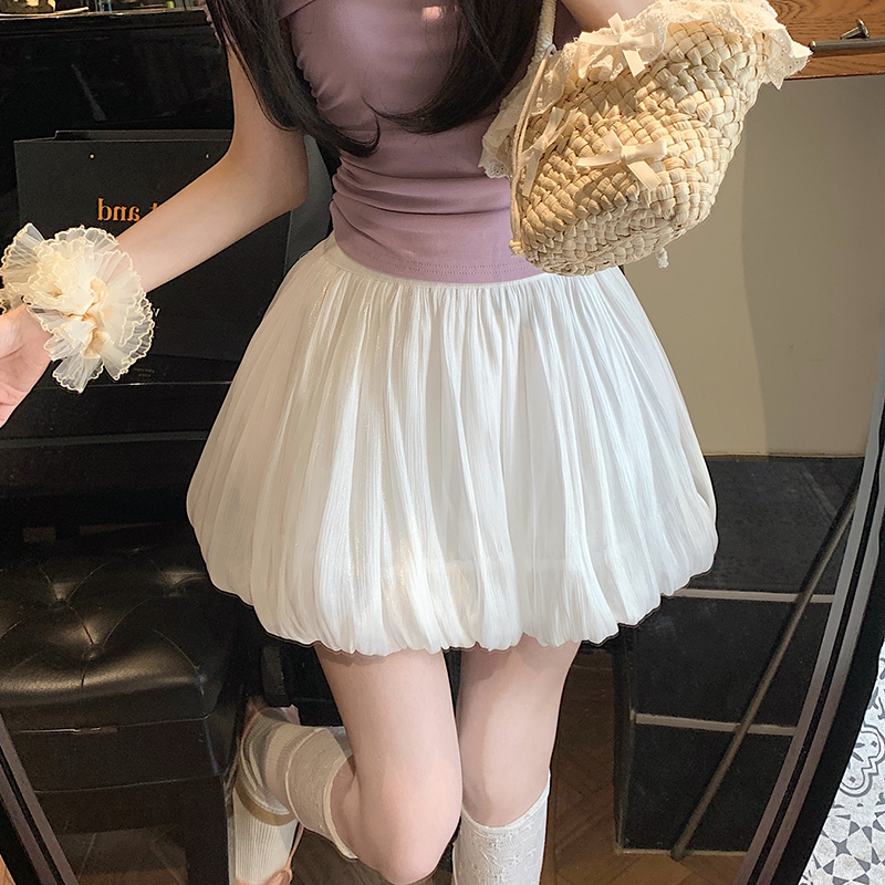 實拍小個子甜美光澤感花苞半身裙女夏高腰防走光A字褶皺蓬蓬短裙