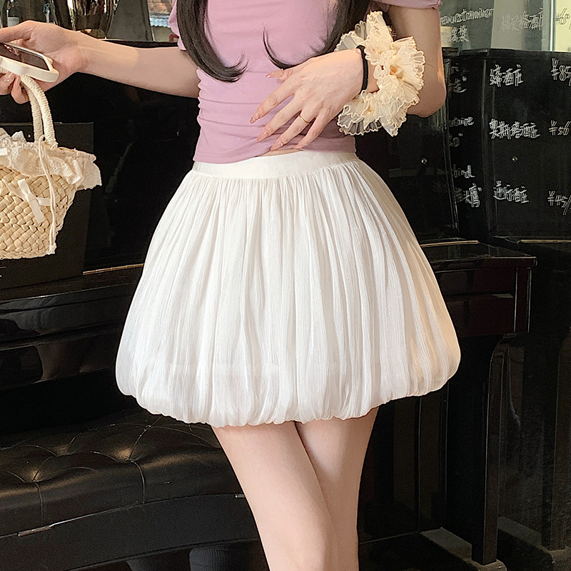 實拍小個子甜美光澤感花苞半身裙女夏高腰防走光A字褶皺蓬蓬短裙