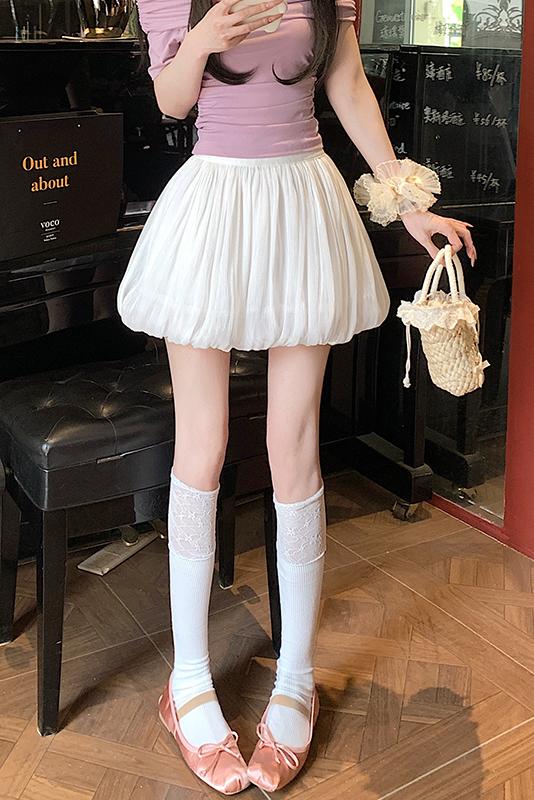 實拍小個子甜美光澤感花苞半身裙女夏高腰防走光A字褶皺蓬蓬短裙