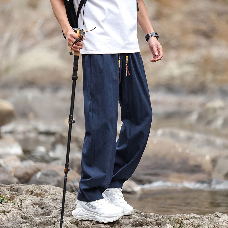 實拍夏季輕薄透氣休閑褲男寬松直筒長褲闊腿運動褲