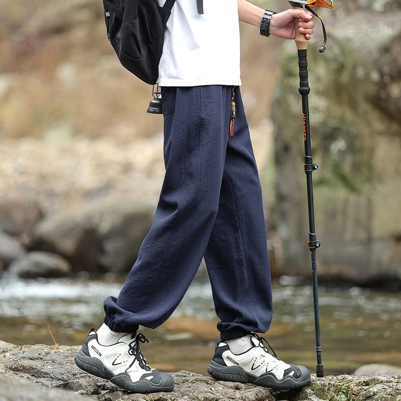 實拍夏季微皺垂感休閑運動褲男束腳松緊腰冰絲速干薄款休閑褲