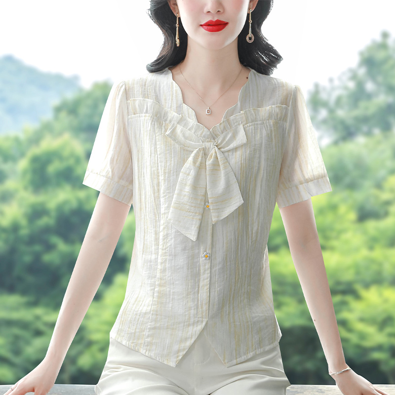 設計感V領短袖襯衫女夏季新款時尚蝴蝶結修身顯瘦洋氣小衫