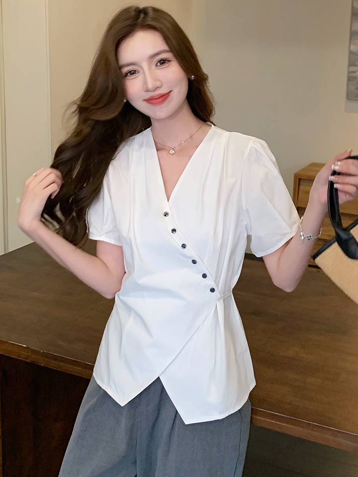 實拍2026夏季新款韓版百搭斜扣系帶短袖襯衫女上衣時尚上衣