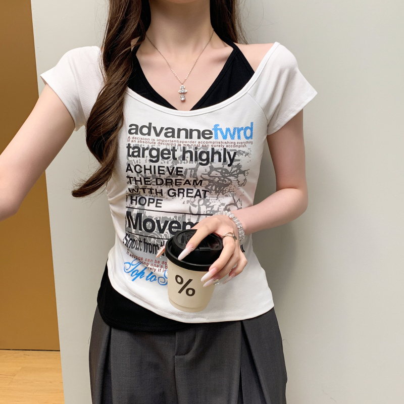 實拍 辣妹美式復古字母印花短袖T恤女夏季撞色假兩件白色上衣