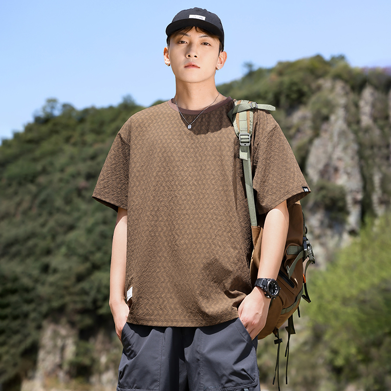 實拍夏季涼感速干雙色滿身字母提花簡約休閑通勤圓領短袖T恤衫男