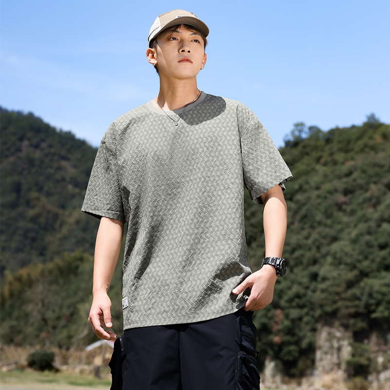 實拍夏季涼感速干雙色滿身字母提花簡約休閑通勤圓領短袖T恤衫男