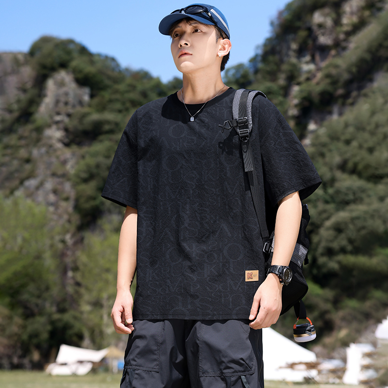 實拍夏季涼感速干雙色滿身字母提花短袖T恤男寬松t恤冰感上衣