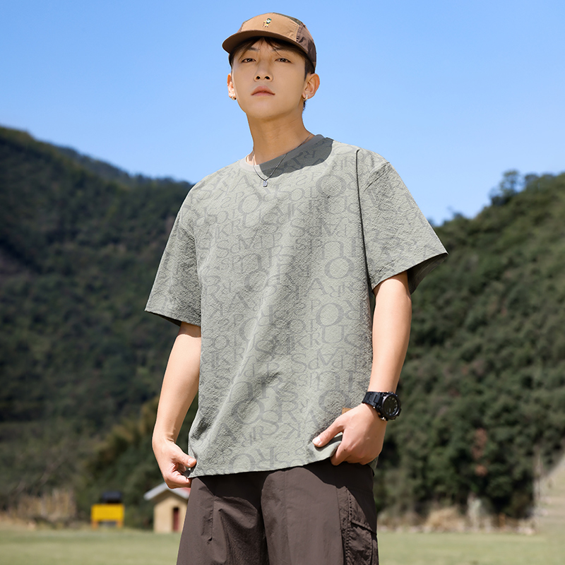 實拍夏季涼感速干雙色滿身字母提花短袖T恤男寬松t恤冰感上衣