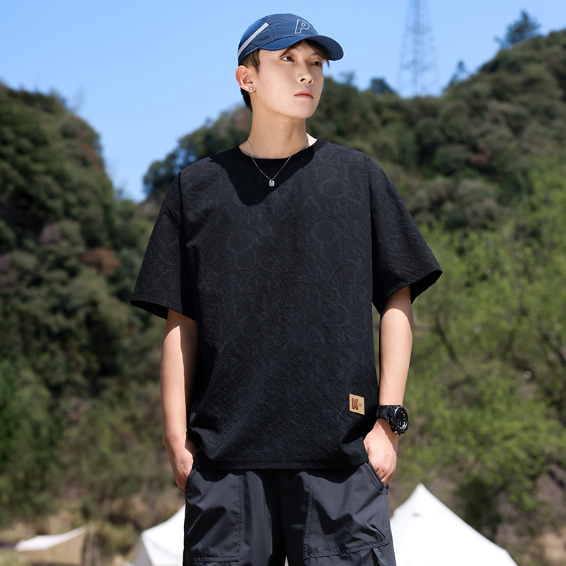 實拍夏季涼感速干雙色滿身字母提花短袖T恤男寬松t恤冰感上衣