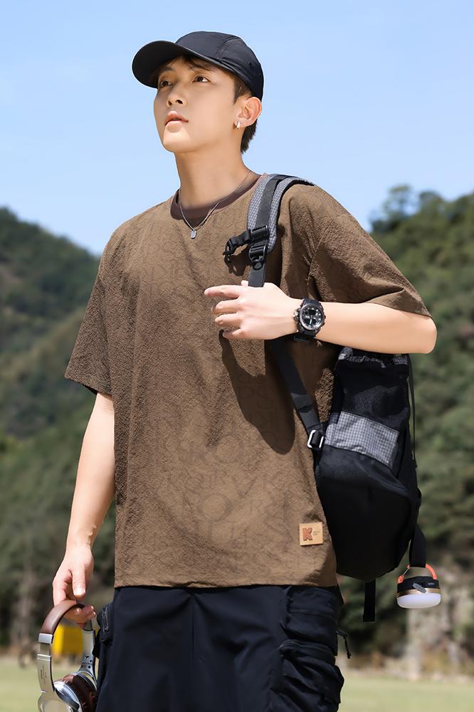 實拍夏季涼感速干雙色滿身字母提花短袖T恤男寬松t恤冰感上衣