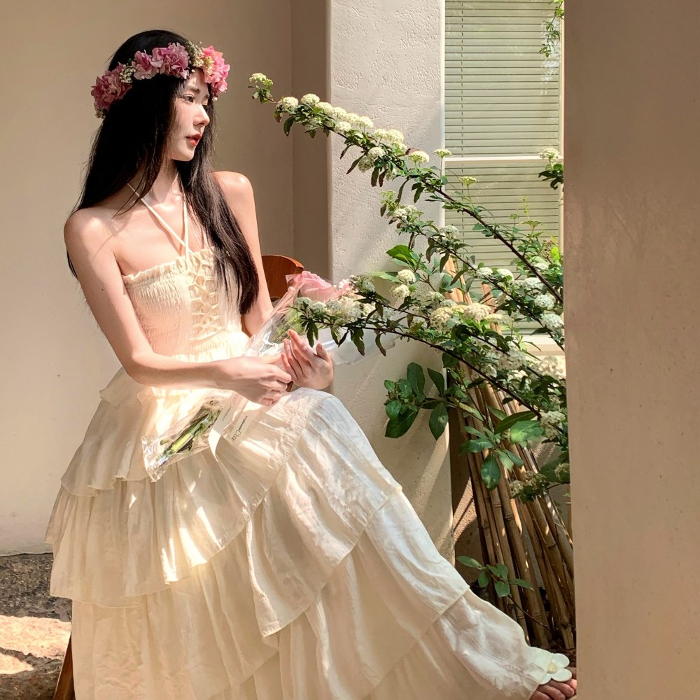 實拍美神降臨掛脖多層重工森女長裙仙女泰國云南度假裙