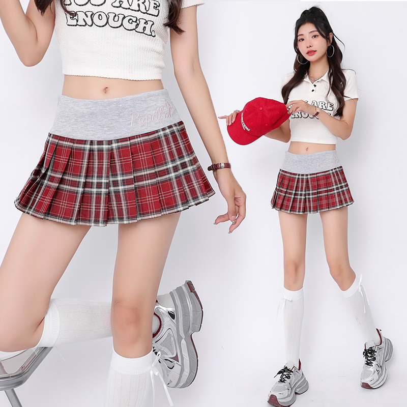實拍美式辣妹格子百褶短裙女高腰顯瘦甜酷學院風防走光A字半身裙