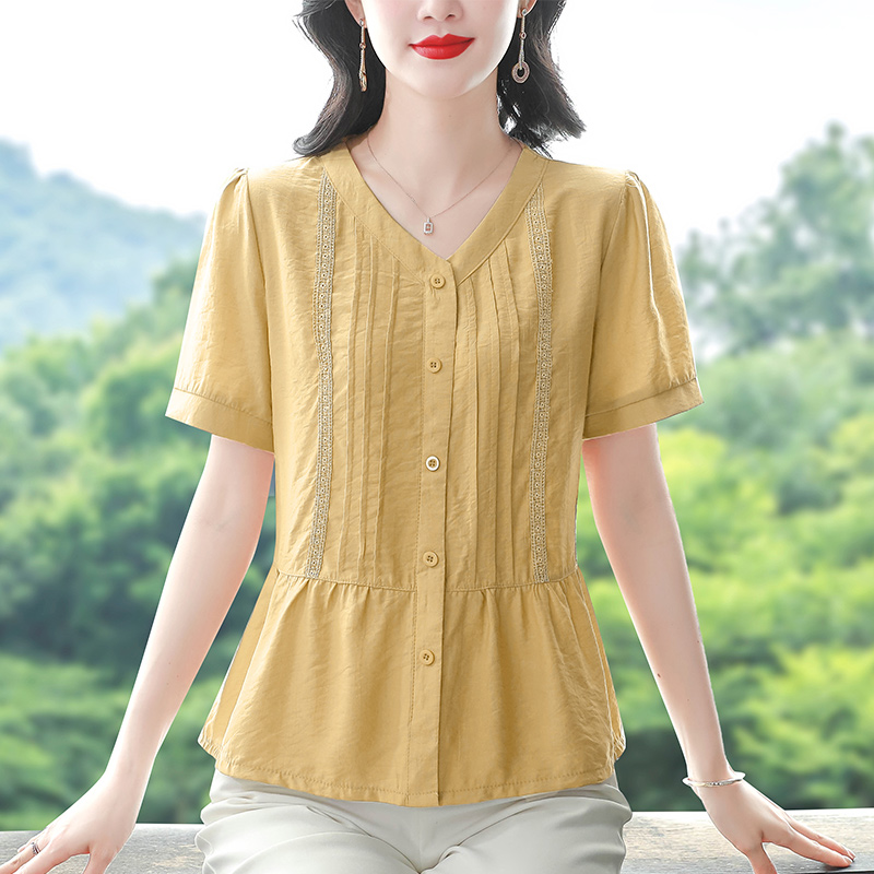 棉麻短袖襯衫女夏季新款設計感壓褶寬松遮肚小衫V領百搭上衣