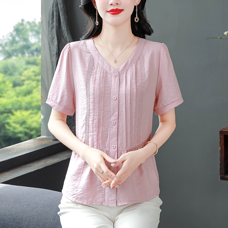棉麻短袖襯衫女夏季新款設計感壓褶寬松遮肚小衫V領百搭上衣