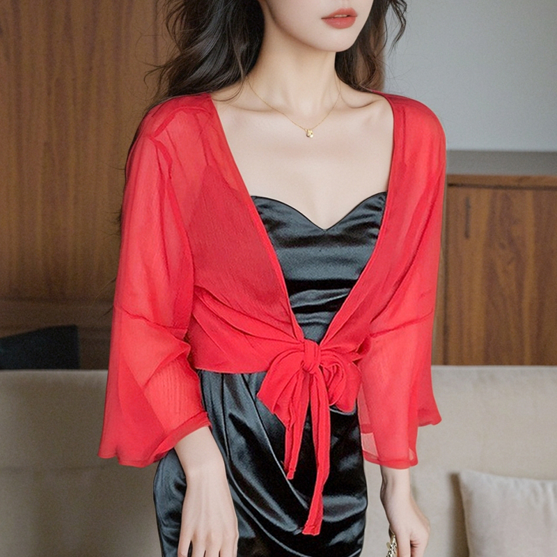 已出貨小披肩外套女2025春夏新款百搭雪紡防曬衣超薄短款外搭開衫