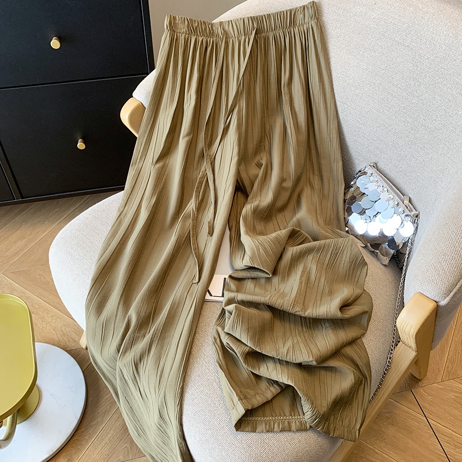 復古天絲肌理褶皺涼涼冰絲闊腿褲女夏寬松直筒拖地垂感防曬休閑褲