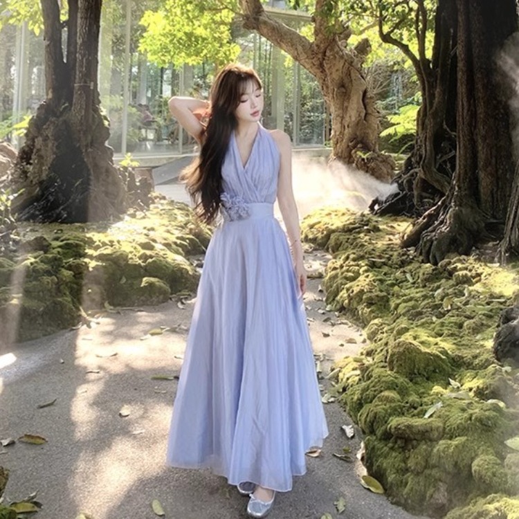 繆斯愛神 掛脖仙女立體花朵多裁片連衣裙度假裙