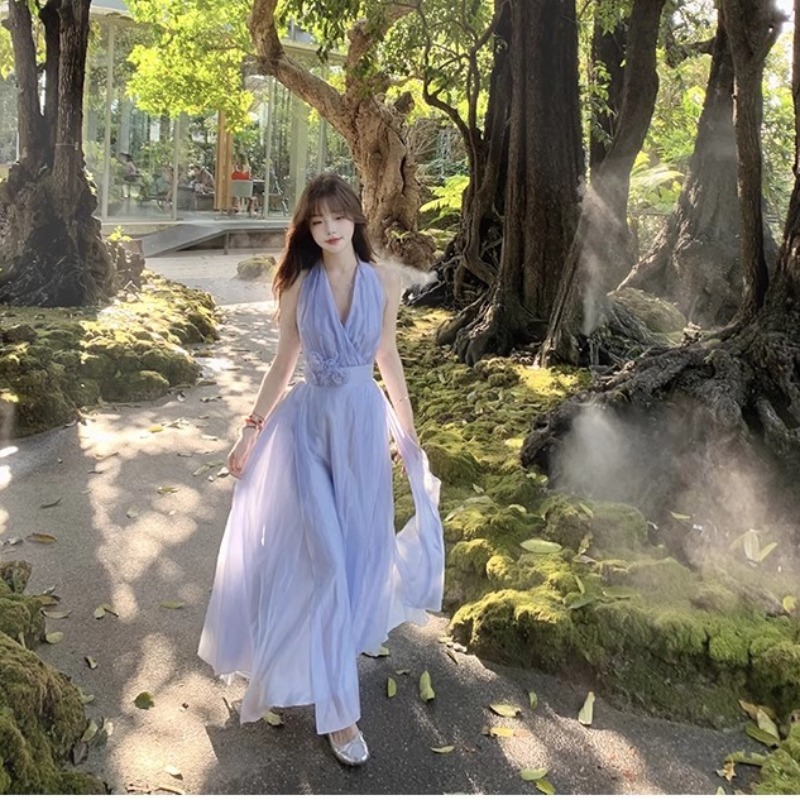 繆斯愛神 掛脖仙女立體花朵多裁片連衣裙度假裙