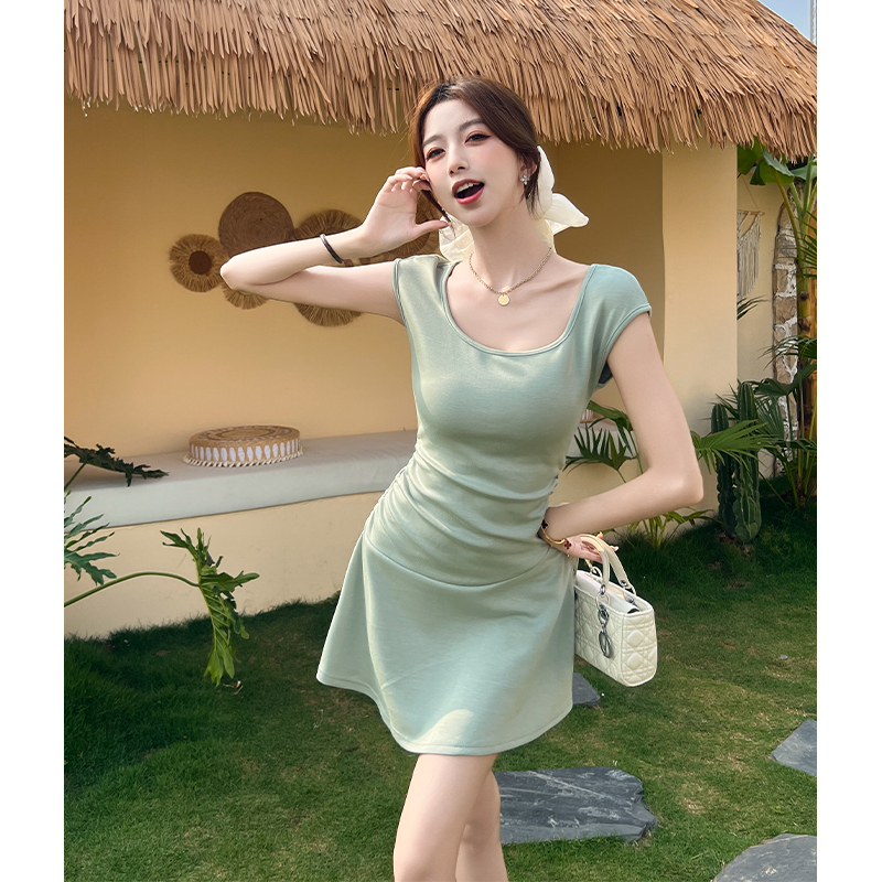 實拍純欲風U領短袖連衣裙夏季法式氣質收腰顯瘦a字包臀短裙子