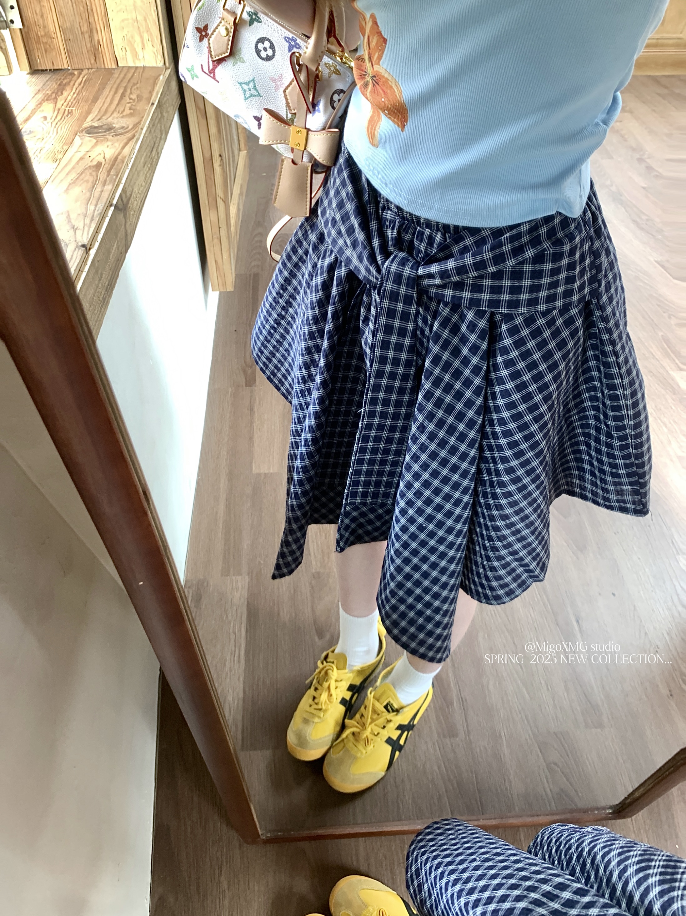 實拍不規則拼接格紋半身裙夏新款復古高腰顯瘦系帶A字短裙女