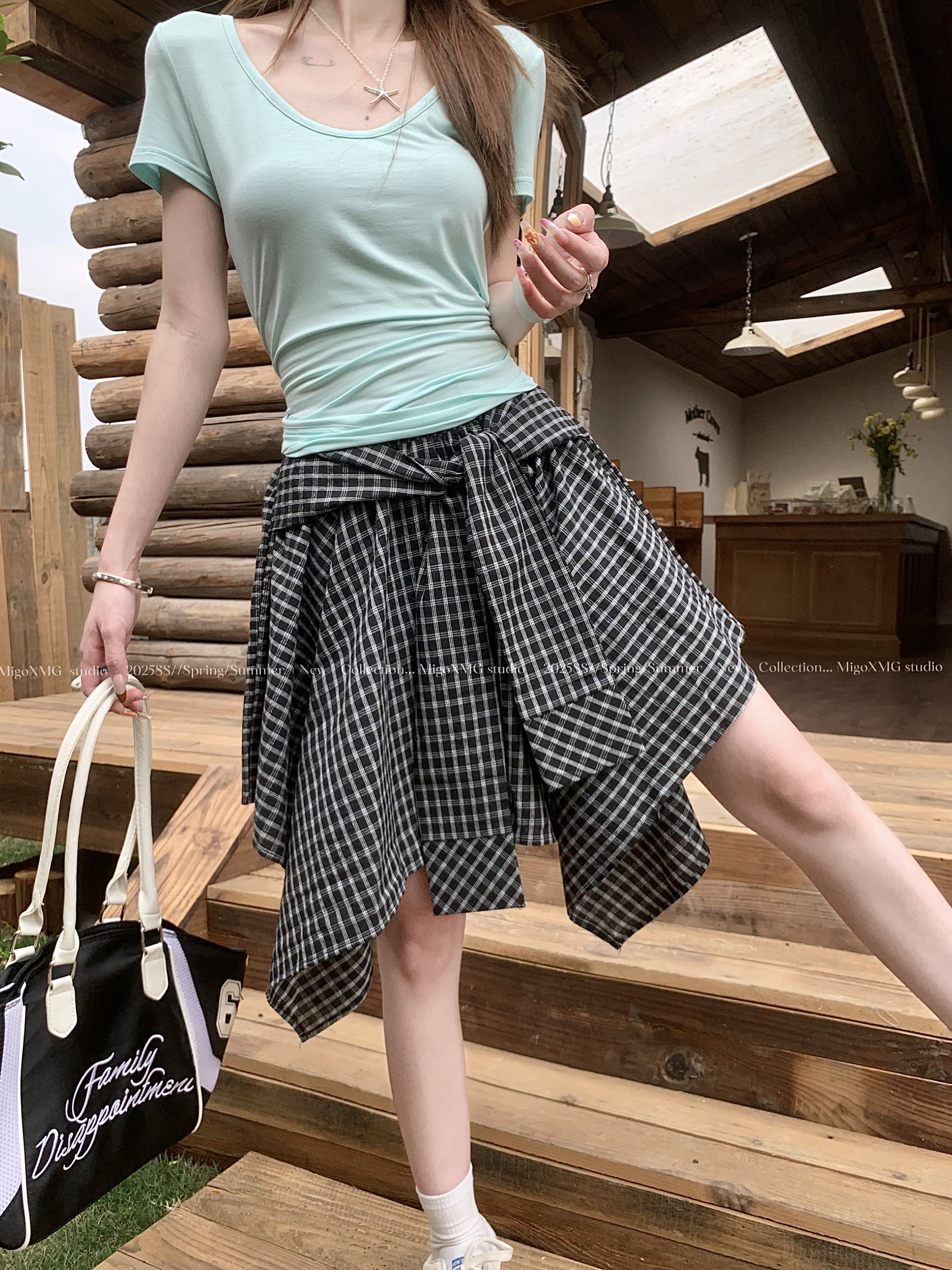 實拍不規則拼接格紋半身裙夏新款復古高腰顯瘦系帶A字短裙女