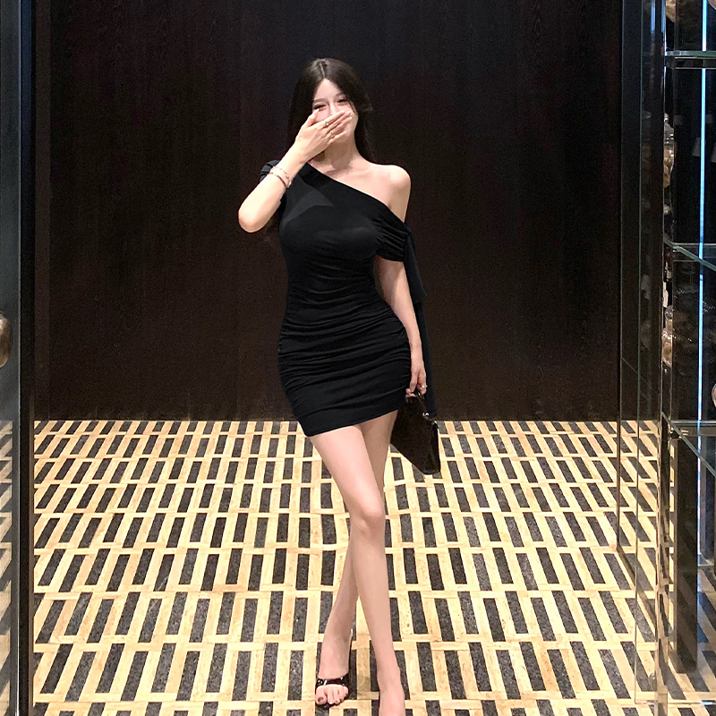 2026春夏新款韓系辣妹飄帶斜領短袖連衣裙女收腰顯瘦包臀短裙純欲