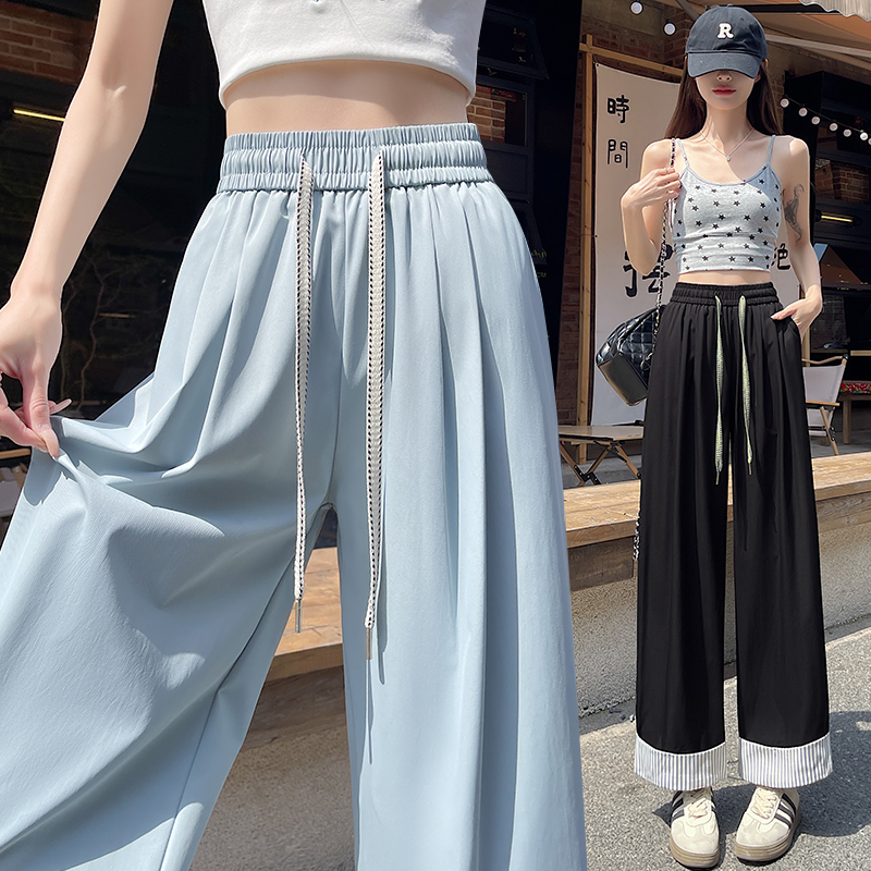 實拍條紋卷邊闊腿褲女2026夏新款冰絲高腰顯瘦九分褲百搭休閑褲子