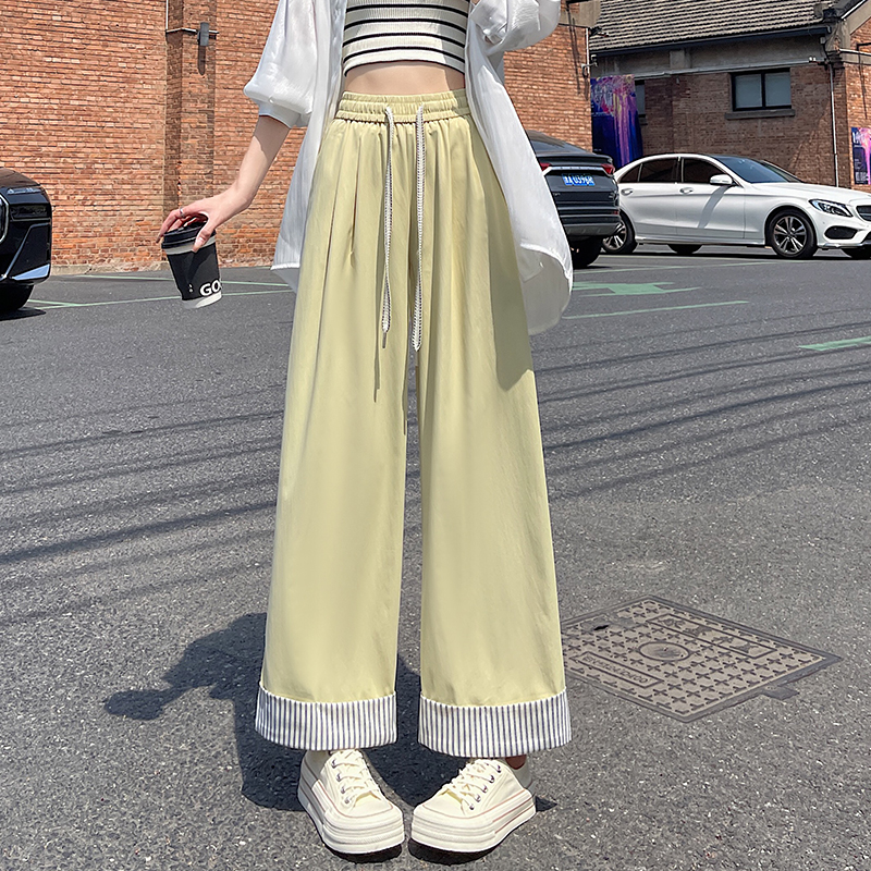 實拍條紋卷邊闊腿褲女2026夏新款冰絲高腰顯瘦九分褲百搭休閑褲子