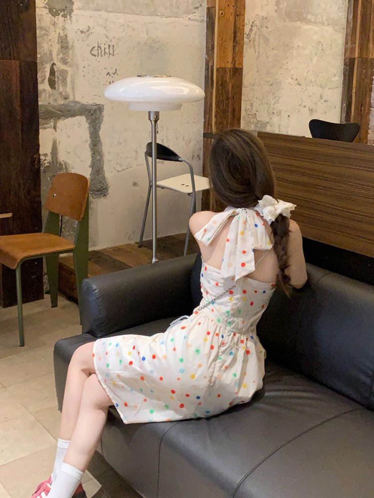 韓版甜美風彩色波點掛脖短裙新款小個子顯瘦氣質高級感杏色連衣裙