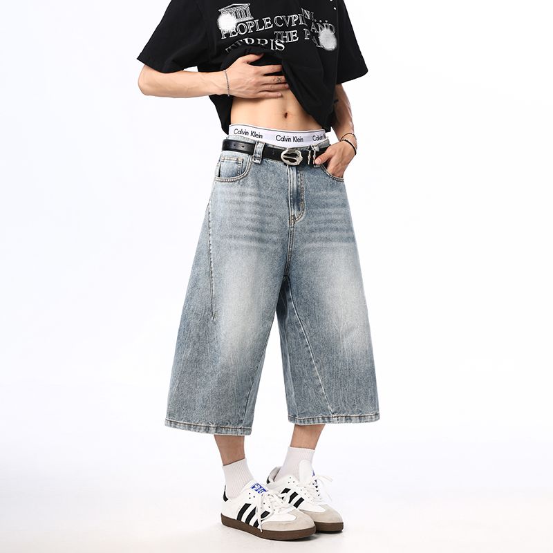 實拍2025夏季cleanfi男士牛仔褲水洗拼接七分短褲美式高街褲子男