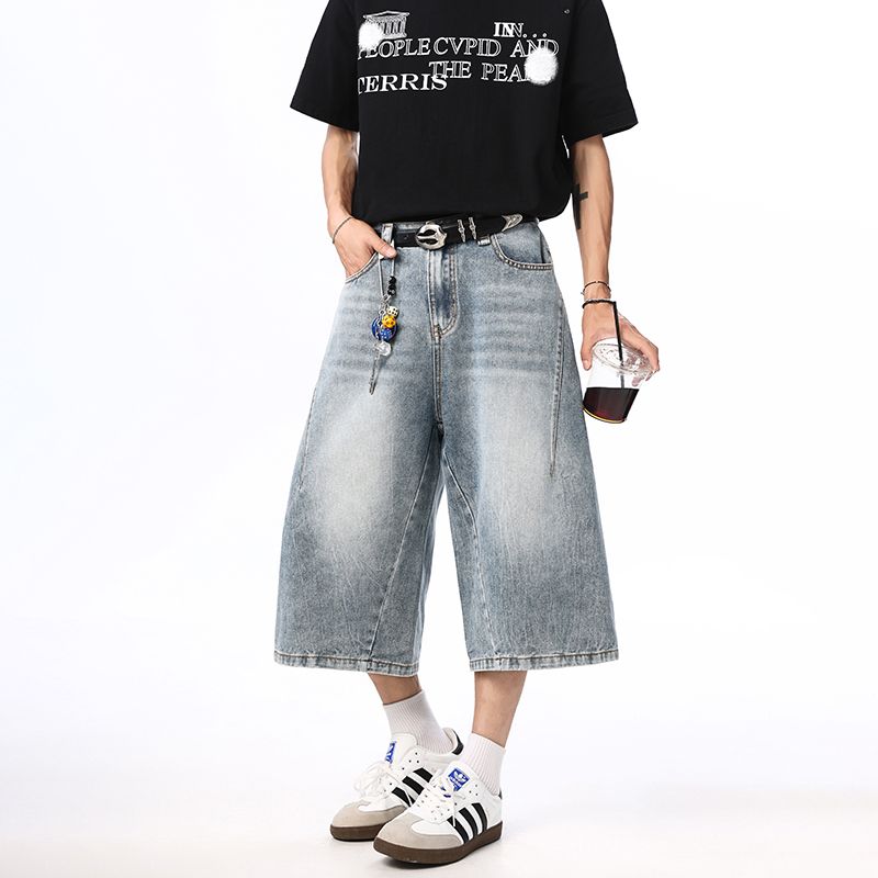實拍2025夏季cleanfi男士牛仔褲水洗拼接七分短褲美式高街褲子男