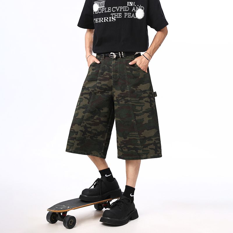 2025夏季爆款美式高街男褲百搭潮流寬松直筒薄款男七分牛仔褲迷彩