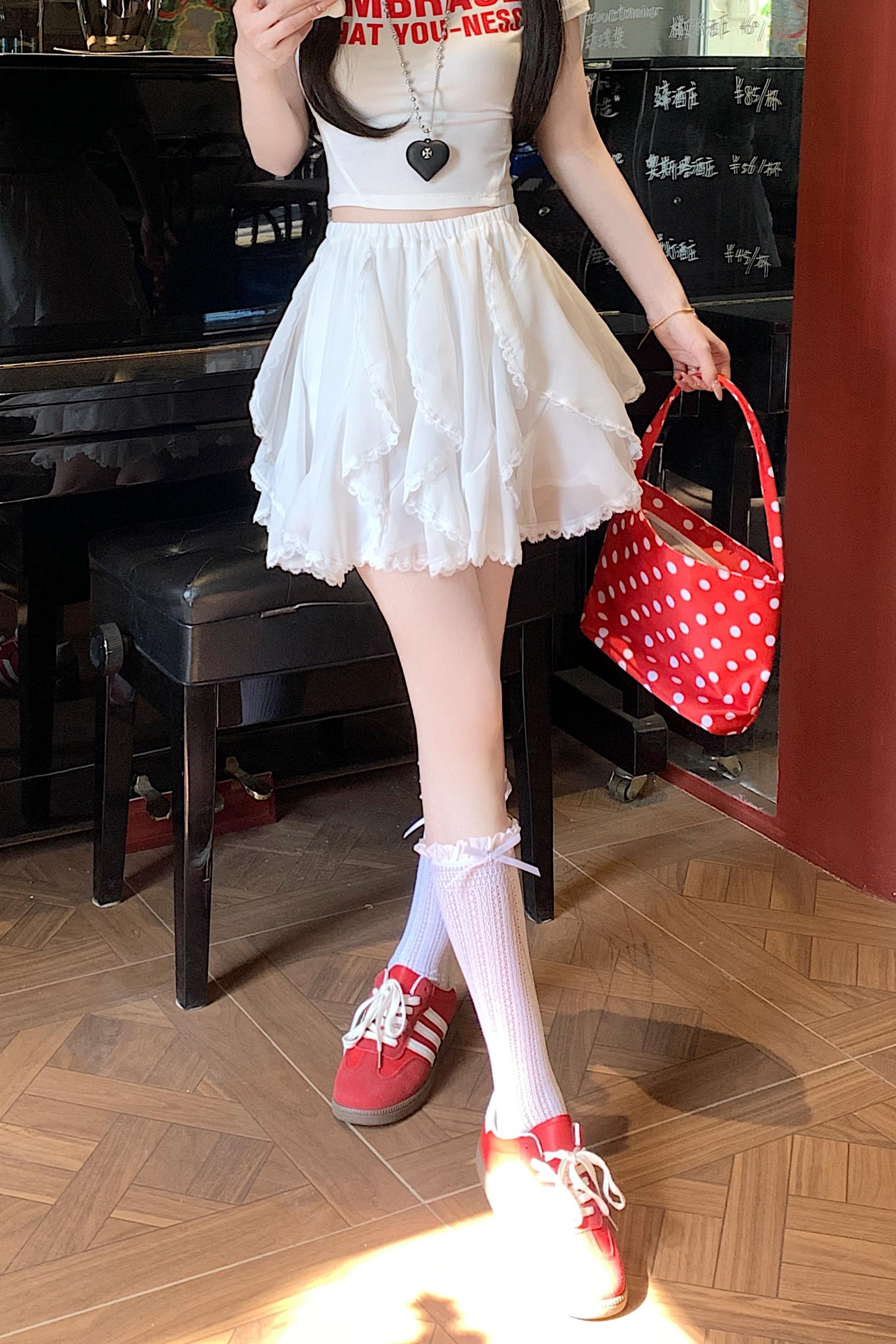 實拍夏新高腰顯瘦包臀拼接蕾絲邊杏色蛋糕裙不規則半身短裙女