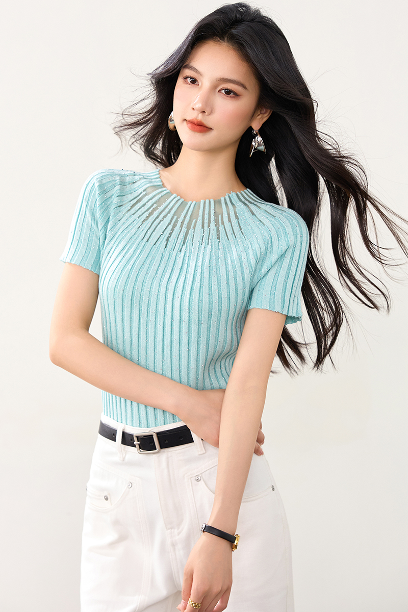 實拍◆◆燙鉆冰絲薄針織衫上衣女2026夏季甜辣妹顯瘦短袖t恤