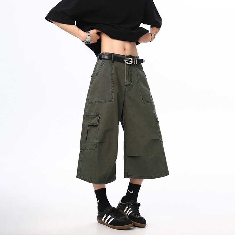 實拍2025夏季新款美式復古休閑短褲純棉工裝拼接重磅七分褲