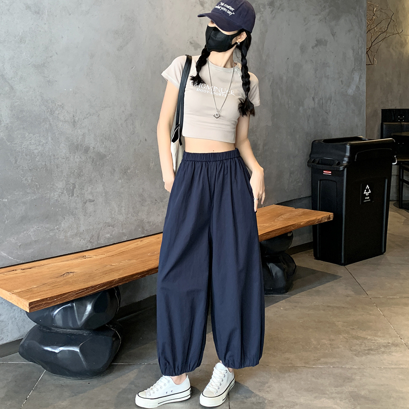 實拍松弛感白色闊腿燈籠褲女小個子薄款寬松顯瘦哈倫褲防曬九分褲