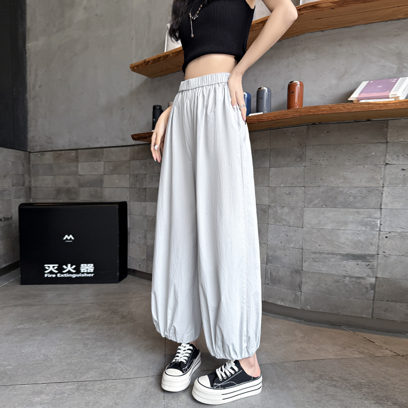實拍松弛感白色闊腿燈籠褲女小個子薄款寬松顯瘦哈倫褲防曬九分褲