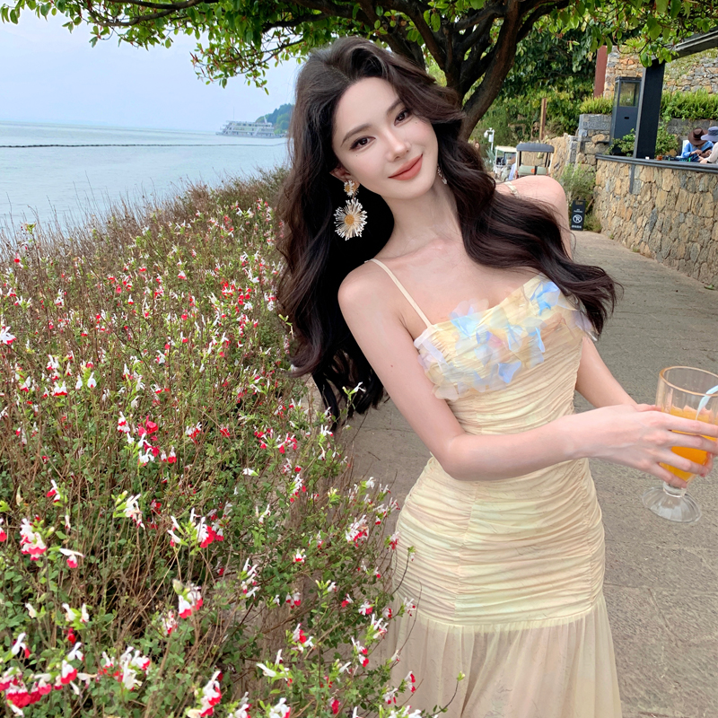 彌山花語手工釘花漸變印花褶皺顯瘦彈力吊帶連衣裙子