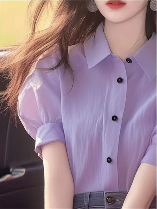 洋氣獨特別致上衣夏款女裝新款小衫淡紫色Polo領泡泡短袖襯衫