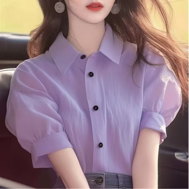 洋氣獨特別致上衣夏款女裝新款小衫淡紫色Polo領泡泡短袖襯衫