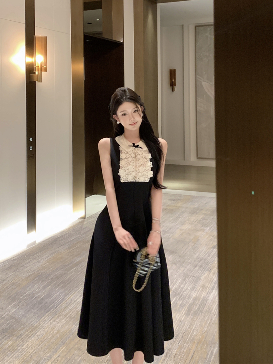 實拍復古性感赫本風千金蕾絲拼接收腰顯瘦連衣裙長裙女