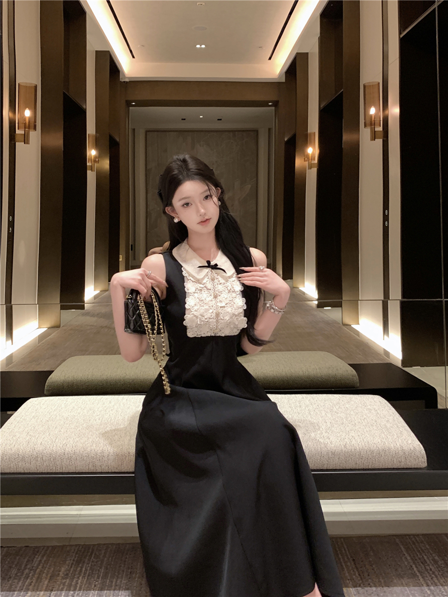 實拍復古性感赫本風千金蕾絲拼接收腰顯瘦連衣裙長裙女
