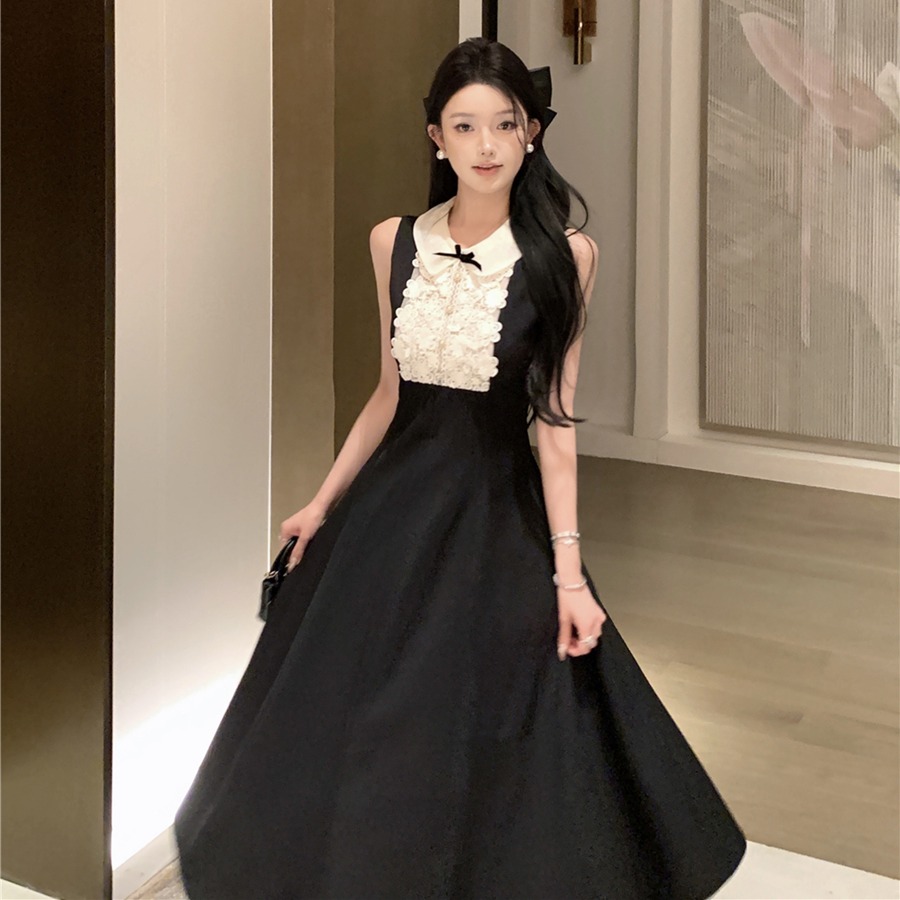 實拍復古性感赫本風千金蕾絲拼接收腰顯瘦連衣裙長裙女
