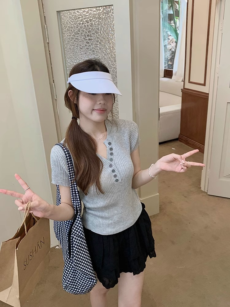 韓系休閑半開領短袖T恤女2026春季修身百搭坑條針織短款上衣